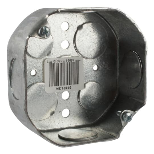 Octagon Box, 15.8 Cubic Inches, 4 Inch Diameter x 1-1/2 Inches Deep, 3/4 Inch Knockouts, Pre-Galvanized Steel, Drawn Construction, For use with Conduit