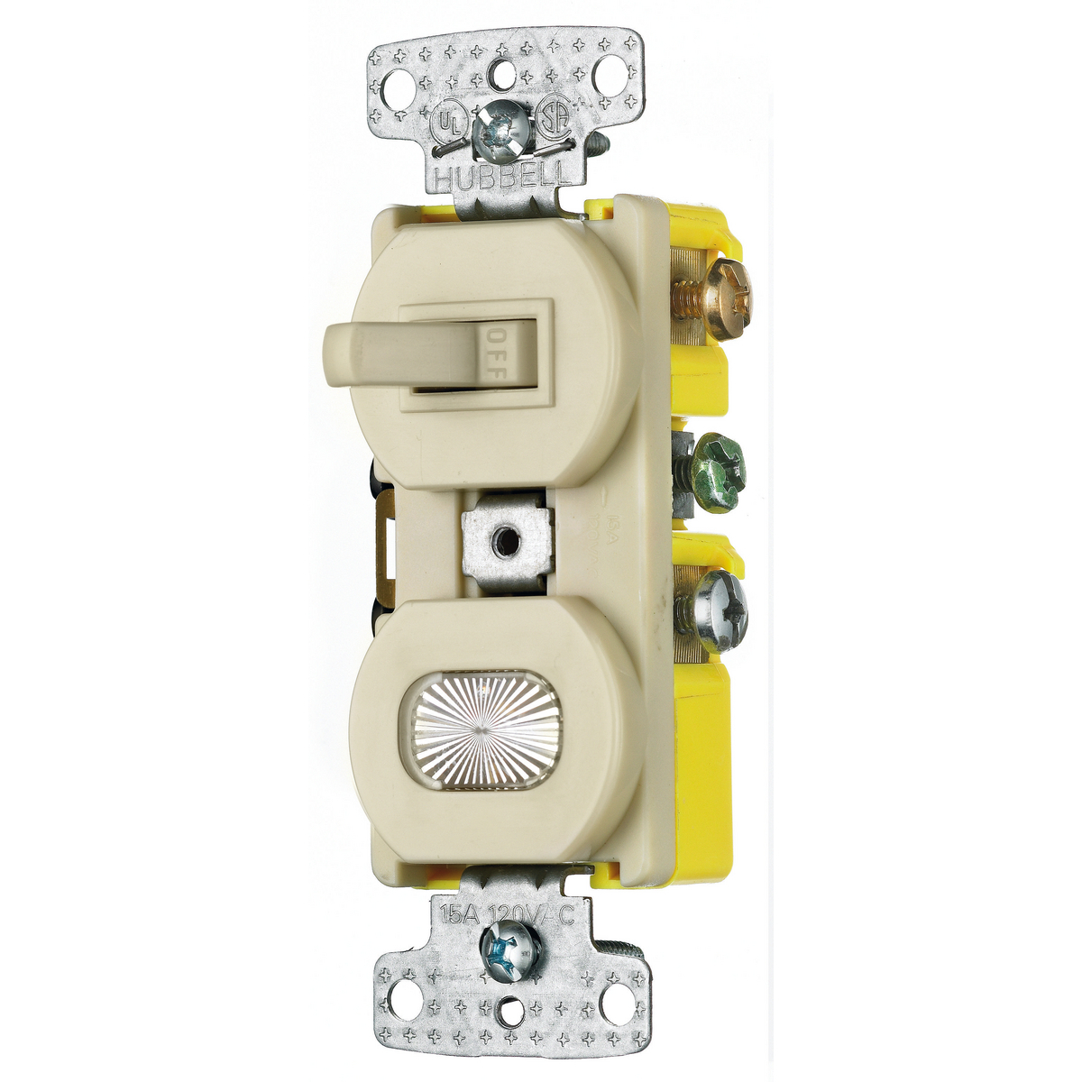 One Single-Pole Toggle One Pilot Light Combination Device, Residential 15A 120V AC, Self Grounding, Side Wired