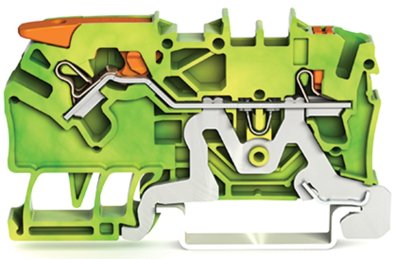 2-conductor ground terminal block; with lever and push-button; 2.5 mm; with test port; side and center marking; for DIN-rail 35 x 15 and 35 x 7.5; Push-in CAGE CLAMP; 2,50 mm; green-yellow