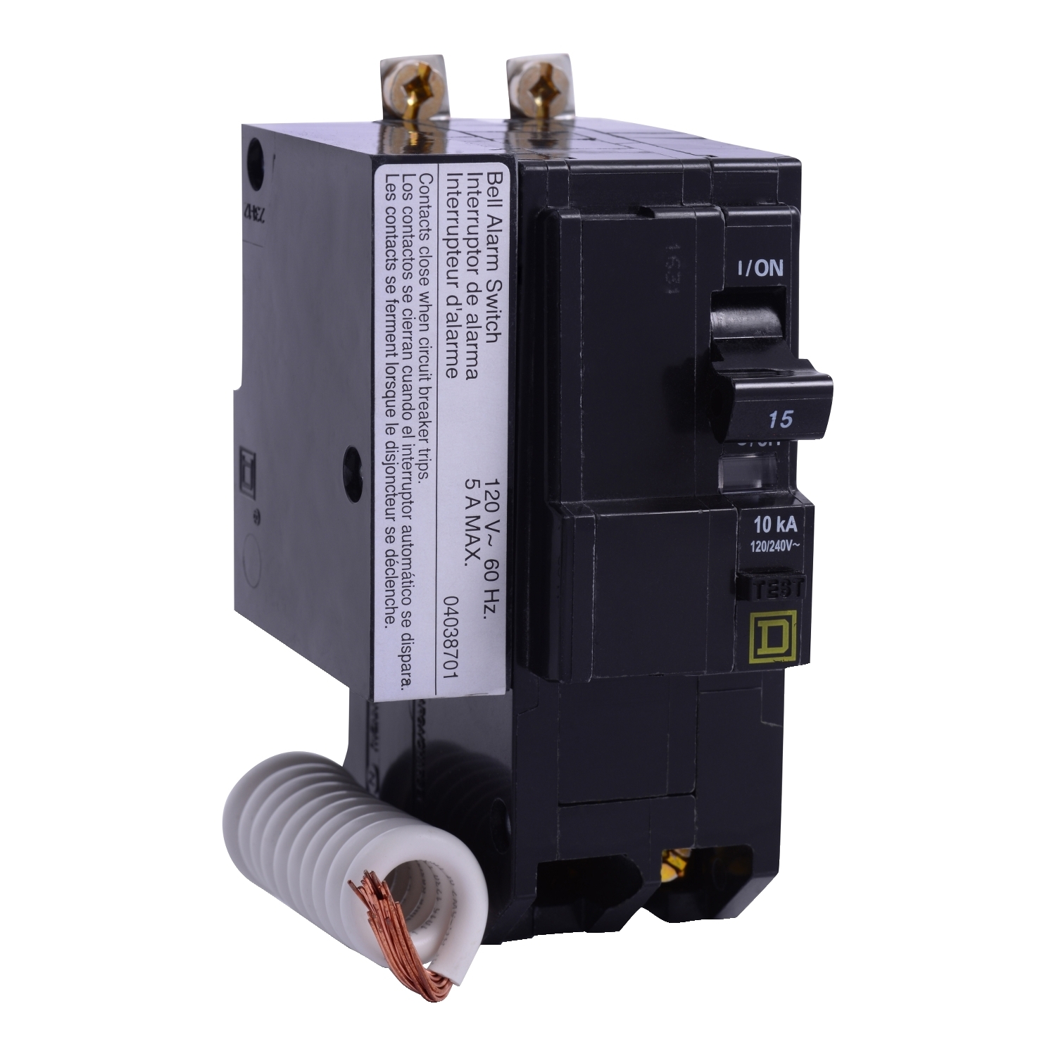 Mini circuit breaker, QO, 15A, 2 pole, 120/240VAC, 10kA, bolt on, 30mA grd fault B, alarm switch [TAA]
