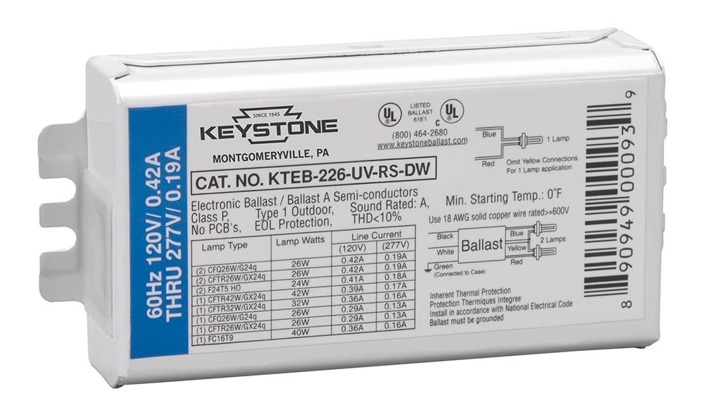 1 or 2x 26W 4-pin CFL, Rapid Start, 120-277V, side & bottom poke-in Connectors, Ballast only (no KIT)