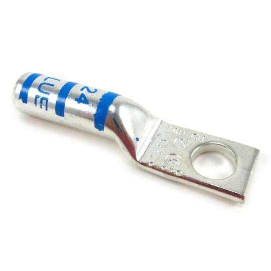 Copper One-Hole Lug, Long Barrel, Max 35kV, Wire Size #6 AWG, 1/4 Inch Bolt Size, Tin Plated, Die Code 24, Die Color Code Blue