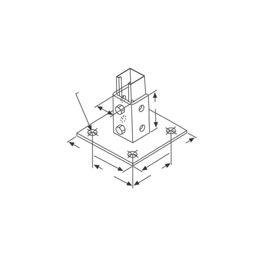 Connector, Square Post Base, Post Height 3-1/2 Inch, Post Width 3-3/4 Inch, Post Length 1-5/8 Inch, Base Length 6 Inches, Base Width 6 Inches, Hole Diameter 3/4 Inch, Steel