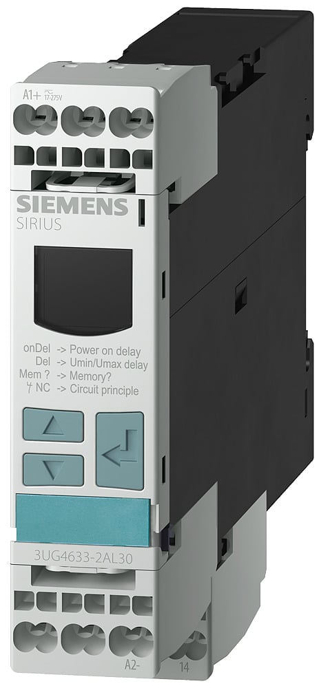 Digital monitoring relay voltage monitoring, 22.5 mm from 17 to 275 V AC/DC over- and undershoot internal power supply DC and AC 50 to 60 HZ spurious peak lag 0.1 to 20 s hysteresis 0.1 to 150 v 1 changeover contact with or without error memory screw terminal replacement product for 3ug3534, 3ug3535