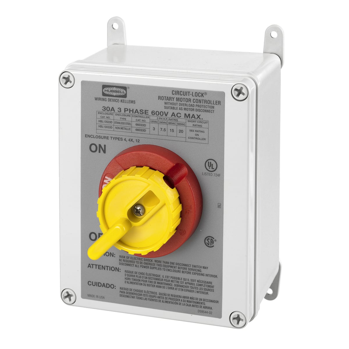 Switches and Lighting Controls, Industrial Grade, Rotary Switches, Motor Disconnects, Three Pole, 30A 600V AC, Back and Side Wired, Gray