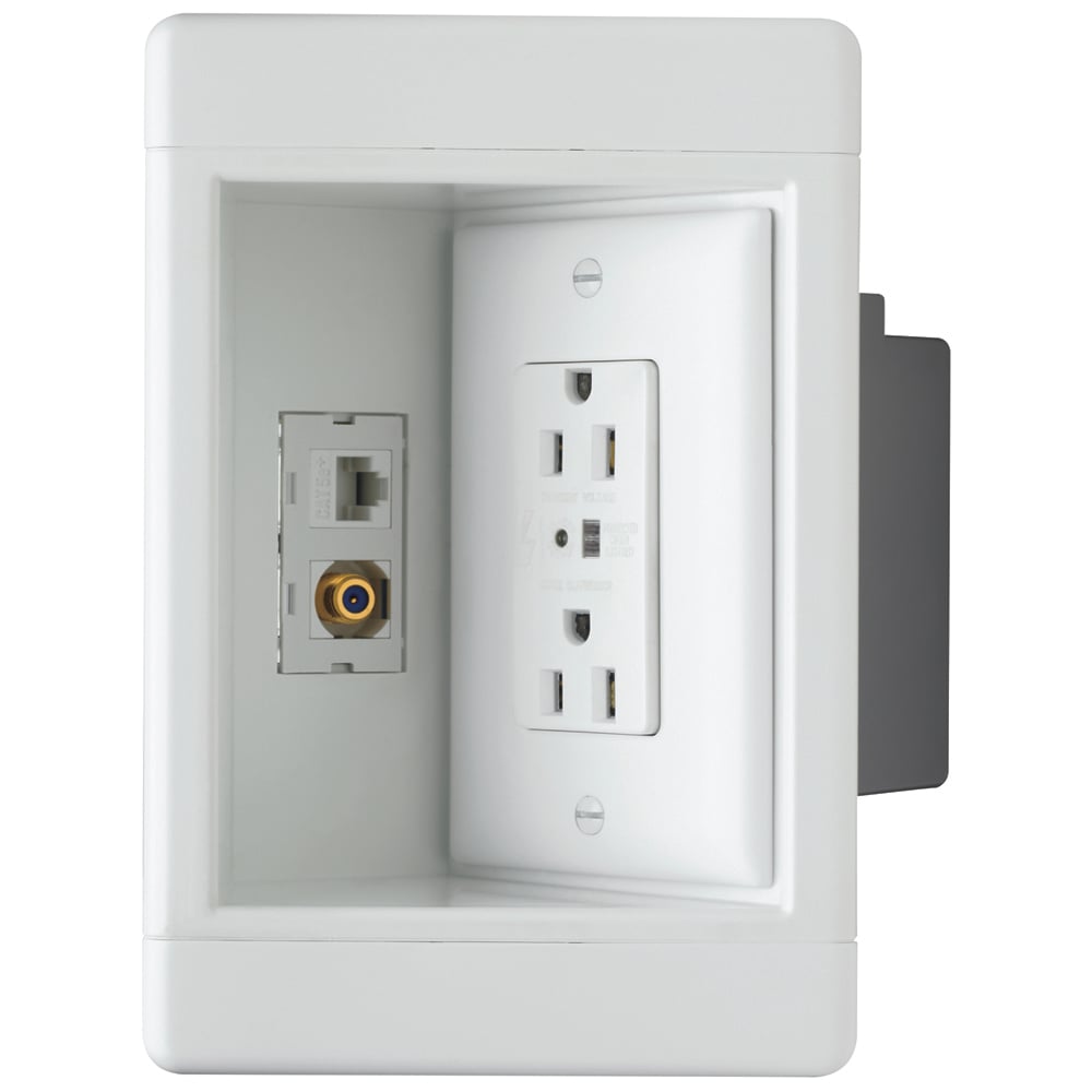 Ideal for flat-screen TVs, home office, kitchen counter tops, and behind furniture to allow snug-to-wall placement. This single gang recessed TV box with TVSS and low-voltage kit includes: TVSS duplex receptacle, Cat5E jack, F-connector, blanks and wall plates.