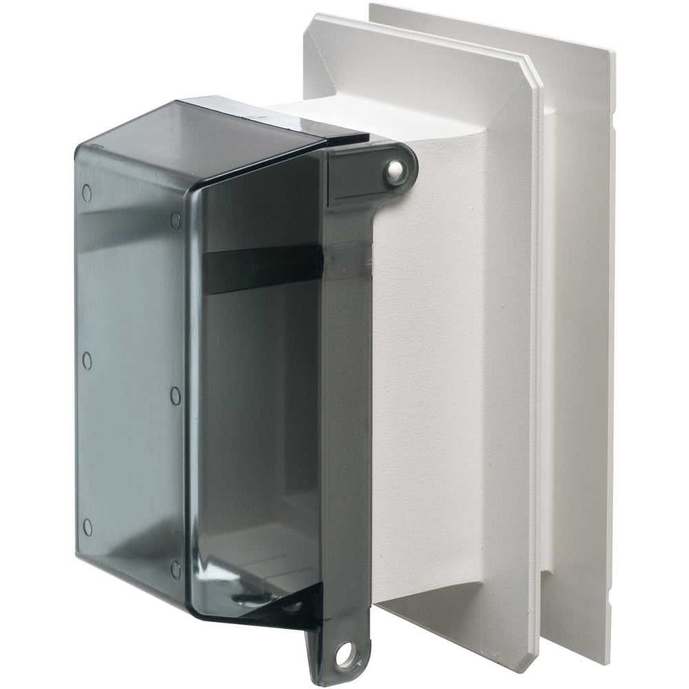 One piece weather proof outlet box for vinyl siding. Extra Duty Covers. Vertical with Clear Cover.