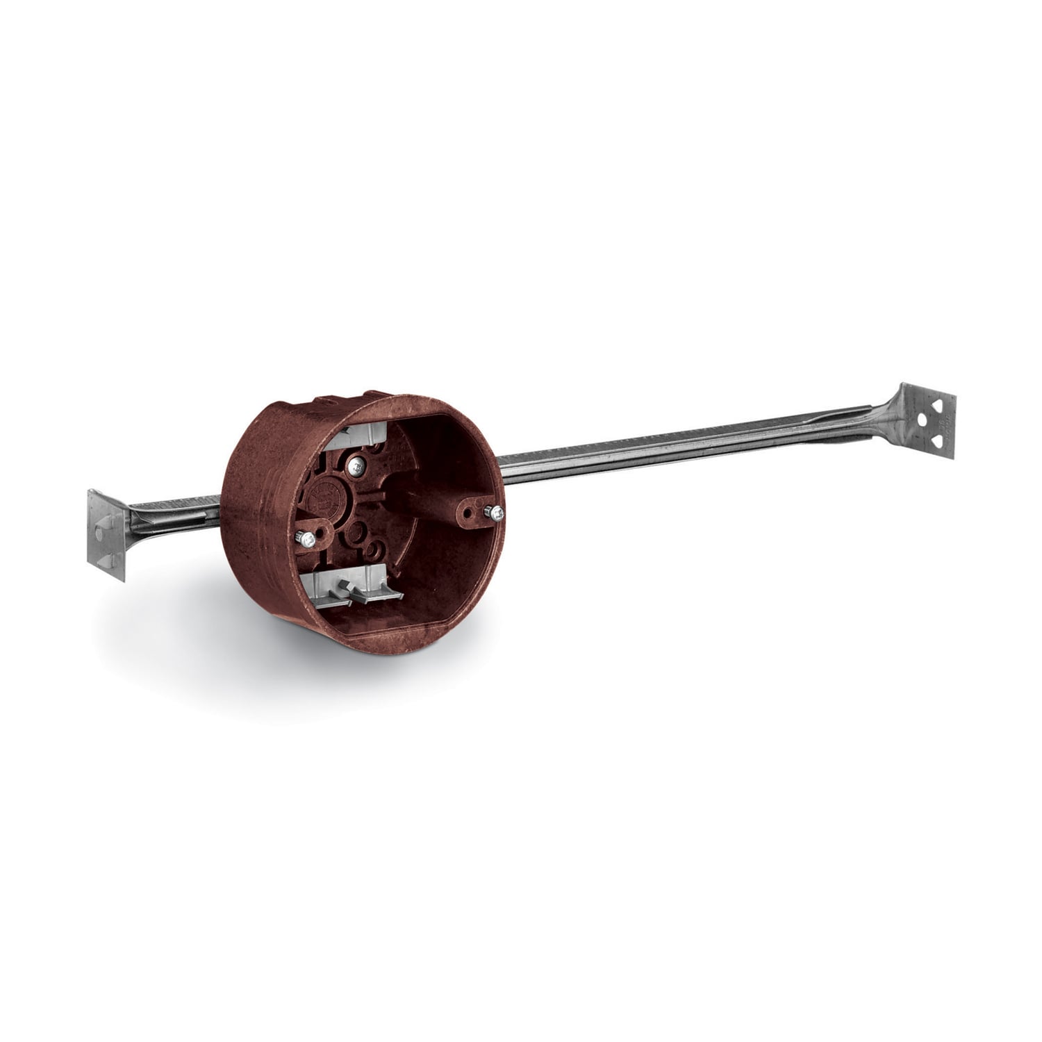 Round Ceiling/Fixture Outlet Box with Bar Hanger, Volume 20.8 Inches, Diameter 4 Inches, Depth 2-3/8 Inches, Color Brown, Material Phenolic, Mounting Mean 24 Inch Bar Hanger Adjustable 16-1/2 Inch Maximum - 27 Inch Minimum, with #36 Clamps