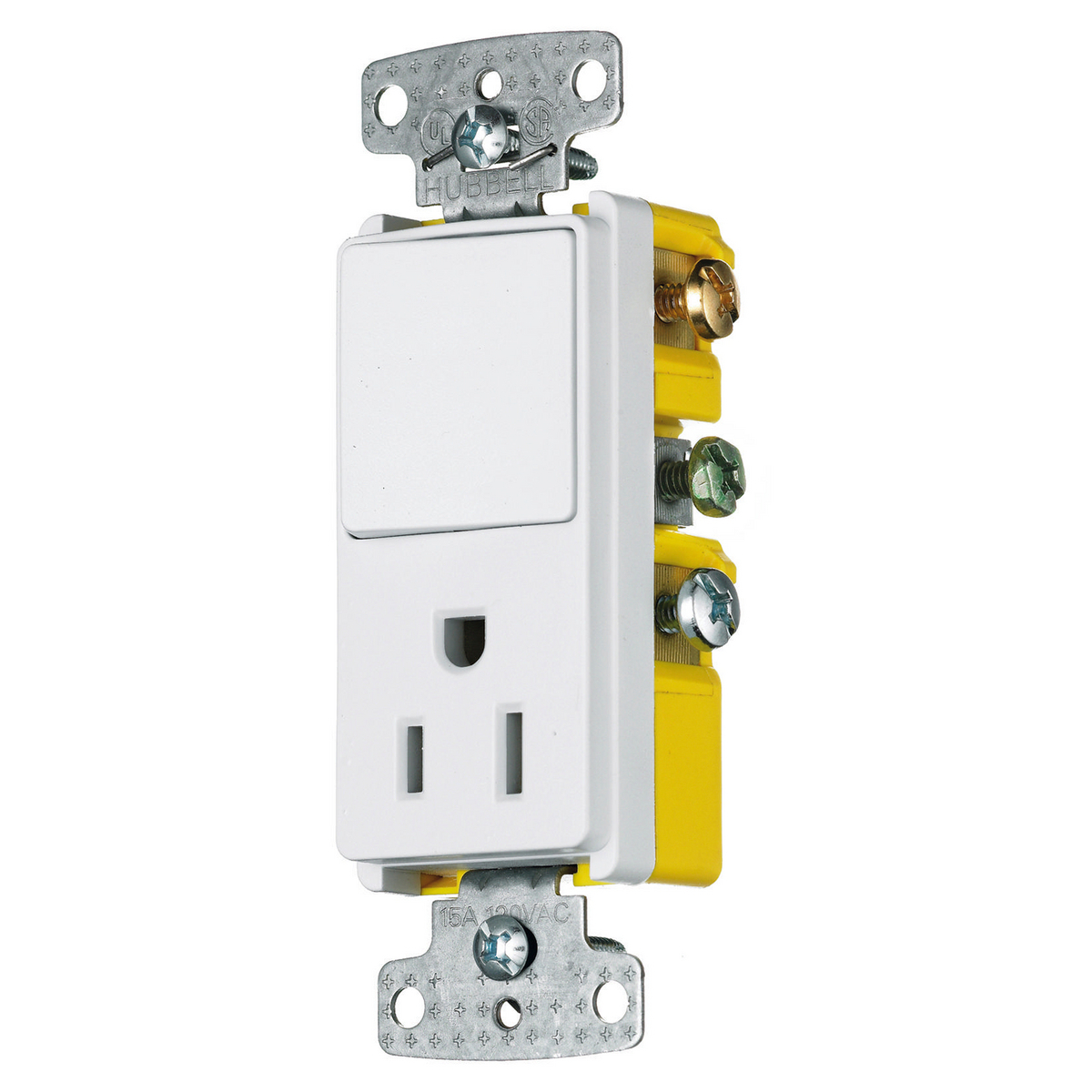 RCD108W Decorator 2-Position Decorator Rocker Snap Action Standard Combination Switch and Receptacle, Electrical Ratings: 120/125 VAC, 15 A, 1875 W, 1 Poles, 3 Wires, 14 to 12 AWG Cu Wire, Snap Switch Reset