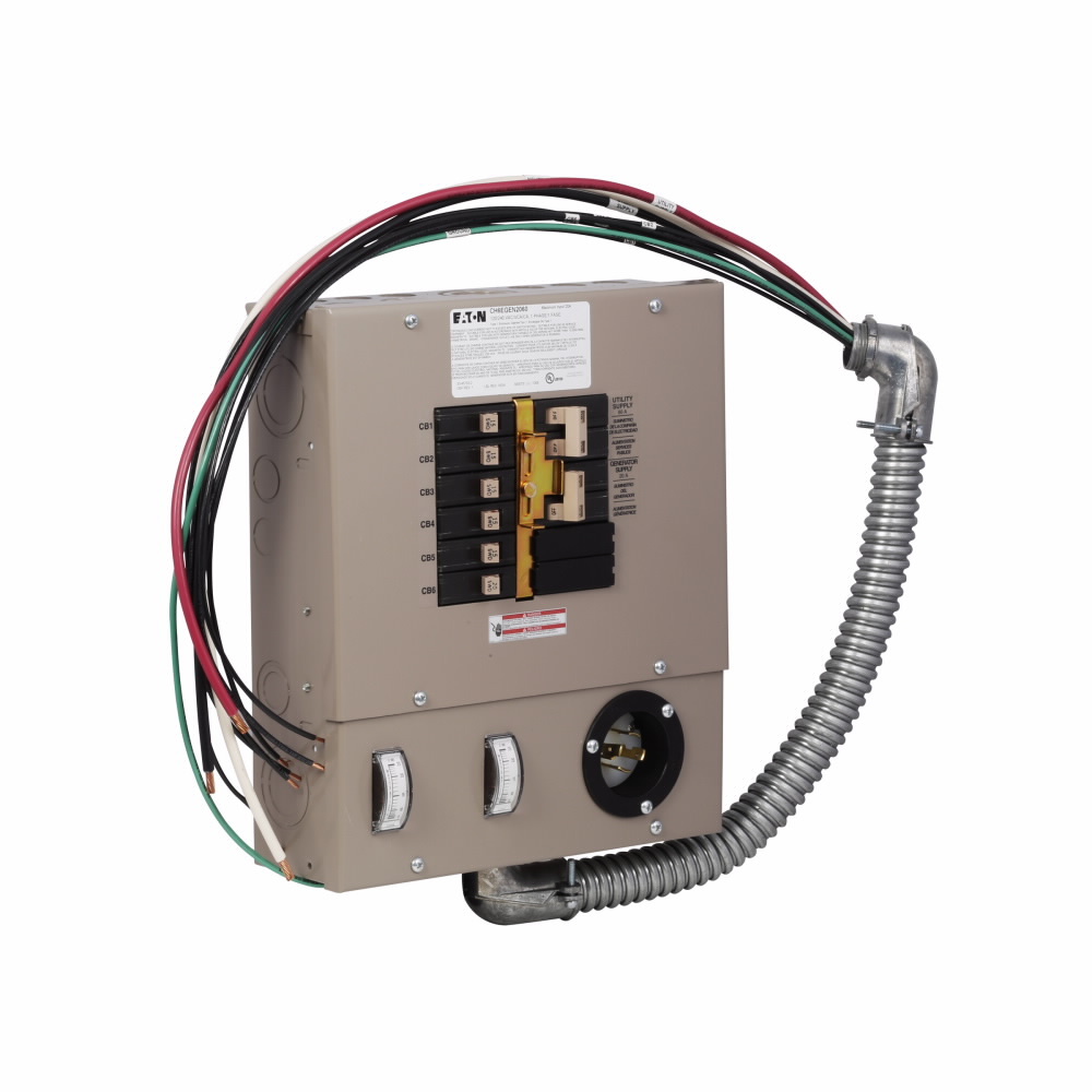 Eaton CH transfer switch panel, Emergency generator panel, For Gen/Tran 20216 and EmerGen 6-5000, 60A main, 20A emergency, 6 circuits, NEMA 1 enclosure, 5000W, (5) single-pole 15A, (1) single-pole 20A feeder breakers