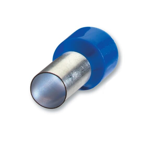 Polypropylene-Insulated Ferrule, Total Length .591 Inches/15mm, Pin Length .315 Inches/8mm, Pin Diameter .091 Inches/2.3mm, Base Diameter .165 Inches/4.2mm, Wire Range 14 AWG/2.50mm2, Color Blue, Copper, Tin Plated