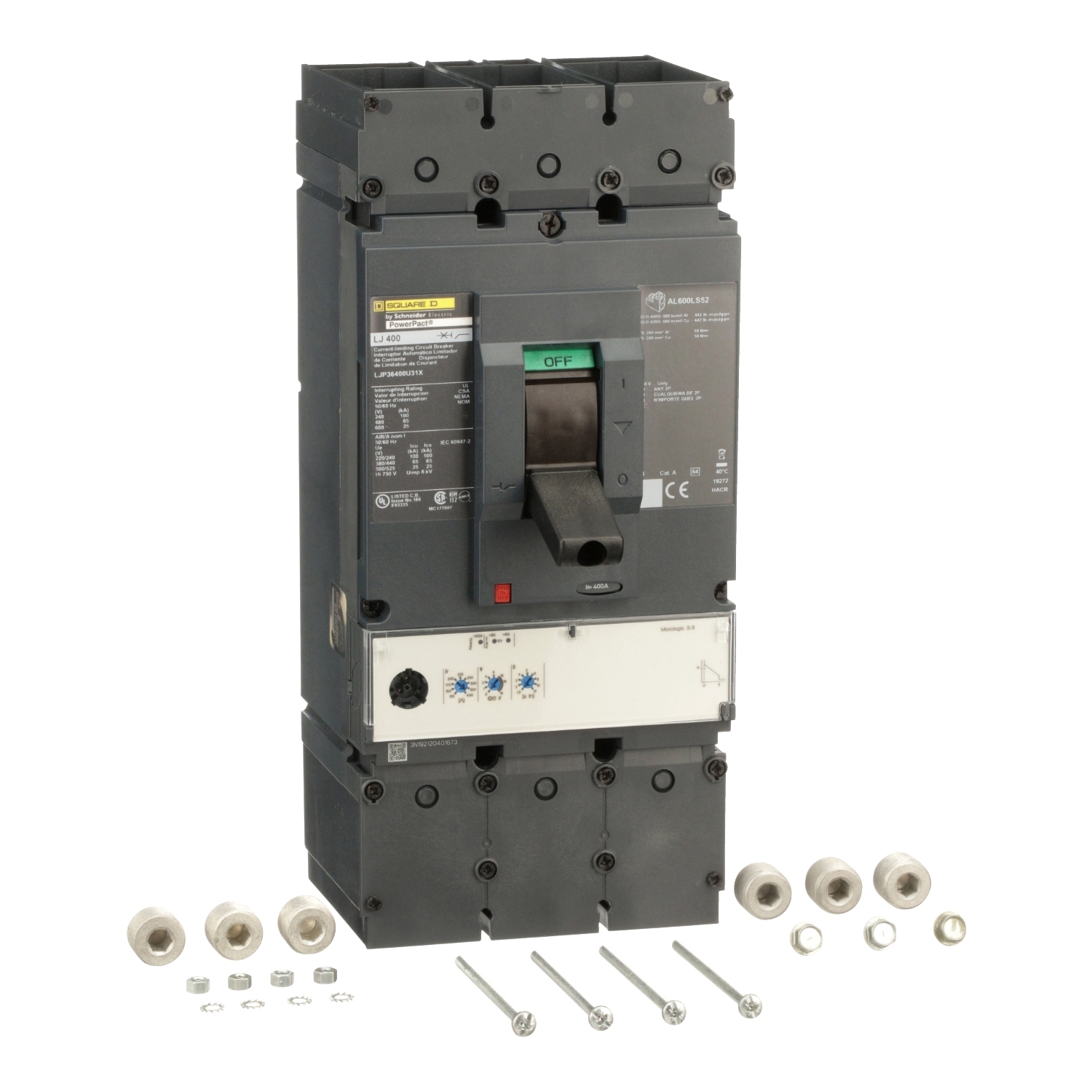 Circuit breaker, PowerPacT L, 400A, 3 pole, 600VAC, 25kA, lugs, MicroLogic 3.3, 80%