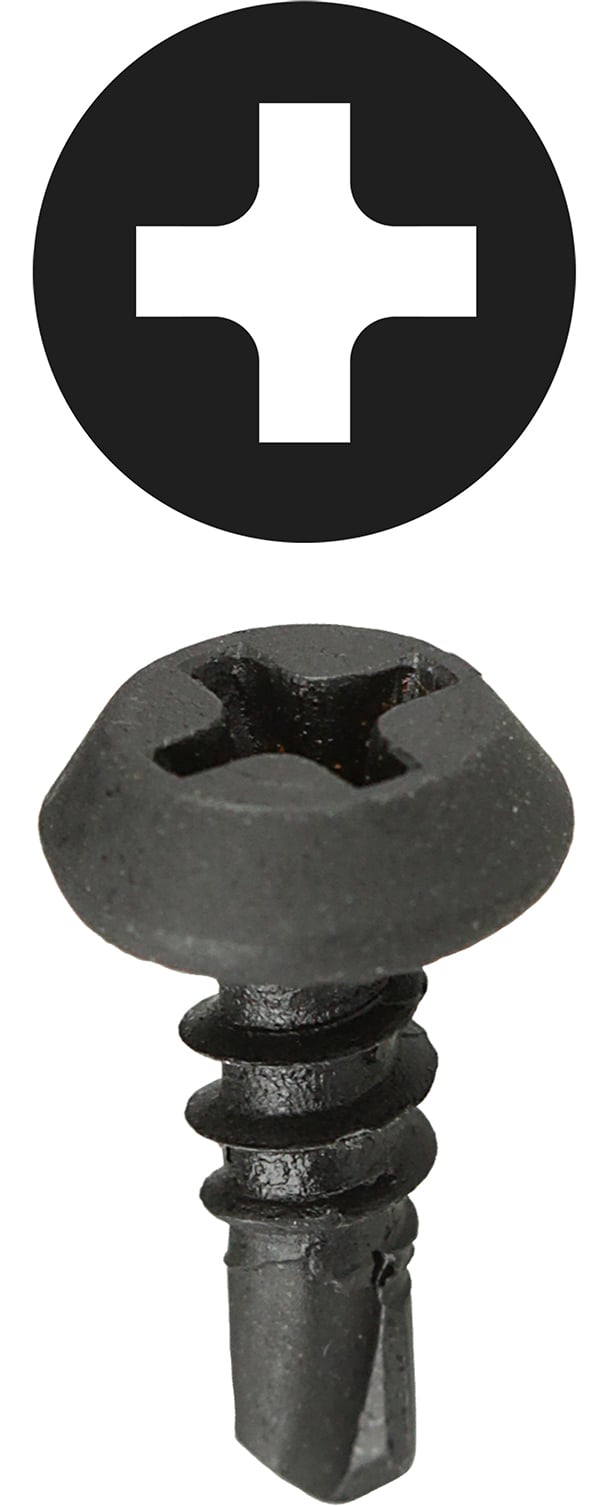 Pan Head Framer Screw, Steel material, #7 x 7/16 in. Size, Black head color, Black Oxide finish, #2 bit size, Tuff Pack Packaging