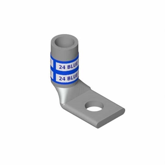 Copper One-Hole Lug, 90 Degree Bend Short Barrel, Peep Hole, Wire Size 250 kcmil, 3/8 Inch Bolt Size, Die Code 62, Die Color Code Yellow, 1/2 Hole Spacing from End