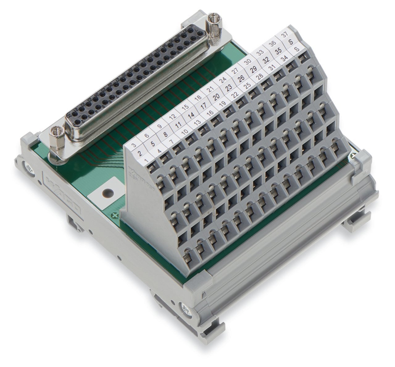 Interface module; with solder pin; Female connector; 37-pole; Mating connector with solder connection; Vertical mounting; Triple-deck PCB terminal blocks; in mounting carrier; with shield connection; 2,50 mm