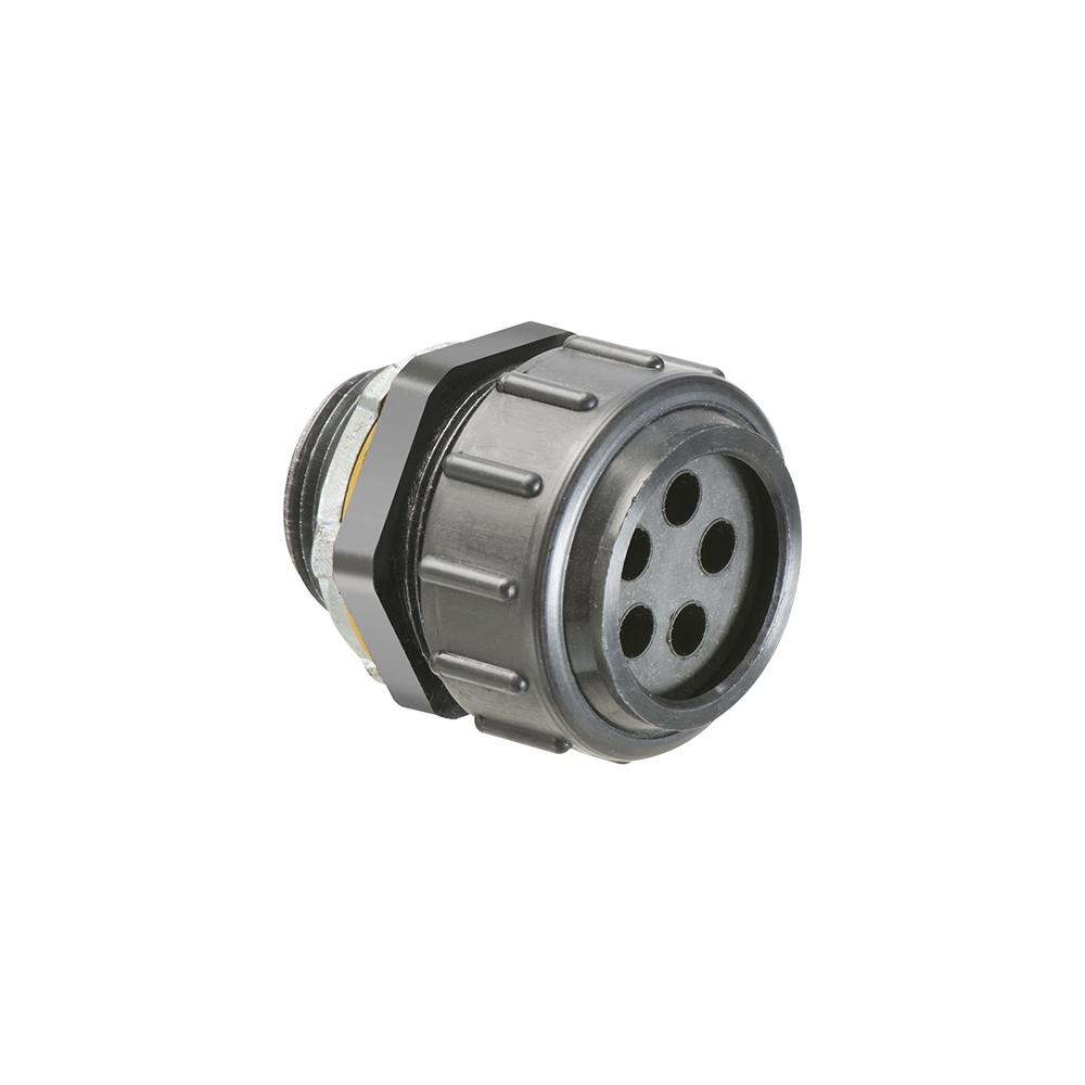 Arlington's UV rated, multi-hole connectors are ideal for solar and other outdoor jobs requiring the connection of multiple cables into raceways, fittings, and combiner or junction boxes. This series can accommodate five cables ranging from 0.250" to 0.280" in diameter each, and has a trade size of 1". As the nut is tightened, a moisture resistant seal is created around each cable.