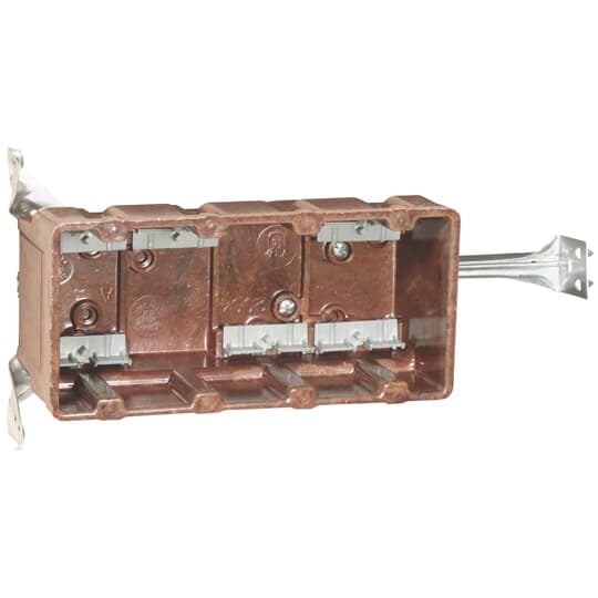 Four-Gang Bracket Outlet Box, Volume 60 Cubic Inches, Length 3-5/8 Inches, Width 7-23/32 Inches, Depth 3-1/16 Inches, Color Brown, Material Phenolic, Mounting Means Two 3/8 Inch Offset Bracket for Wood or Steel Studs and #36 Clamps