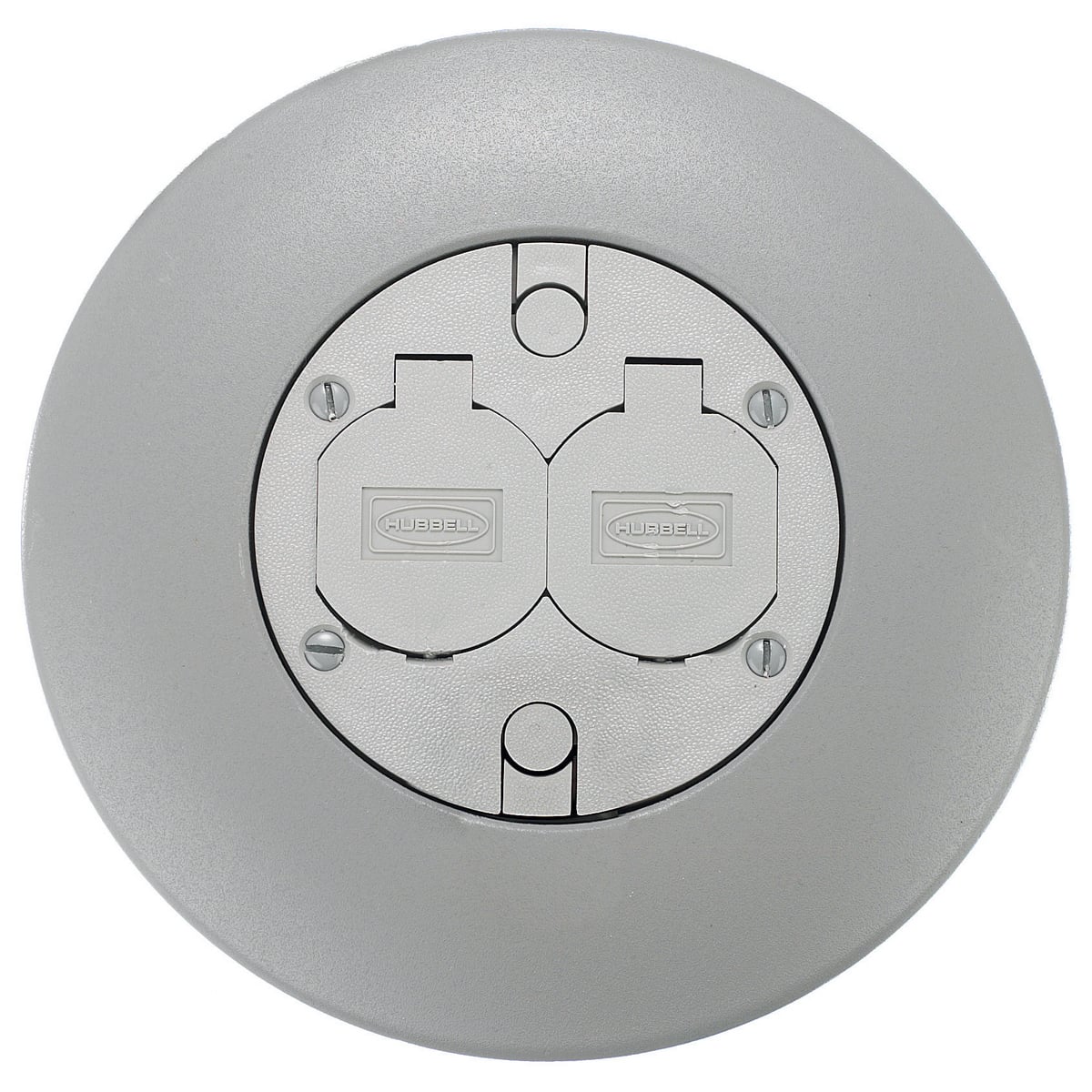 In-Floor Delivery Systems, Fire-Rated Poke-Throughs, Flush Duplex Series, Flush Service Fitting, 20A Duplex, (2) 1/2" Diameter Holes for Low Voltage Wiring, Gray