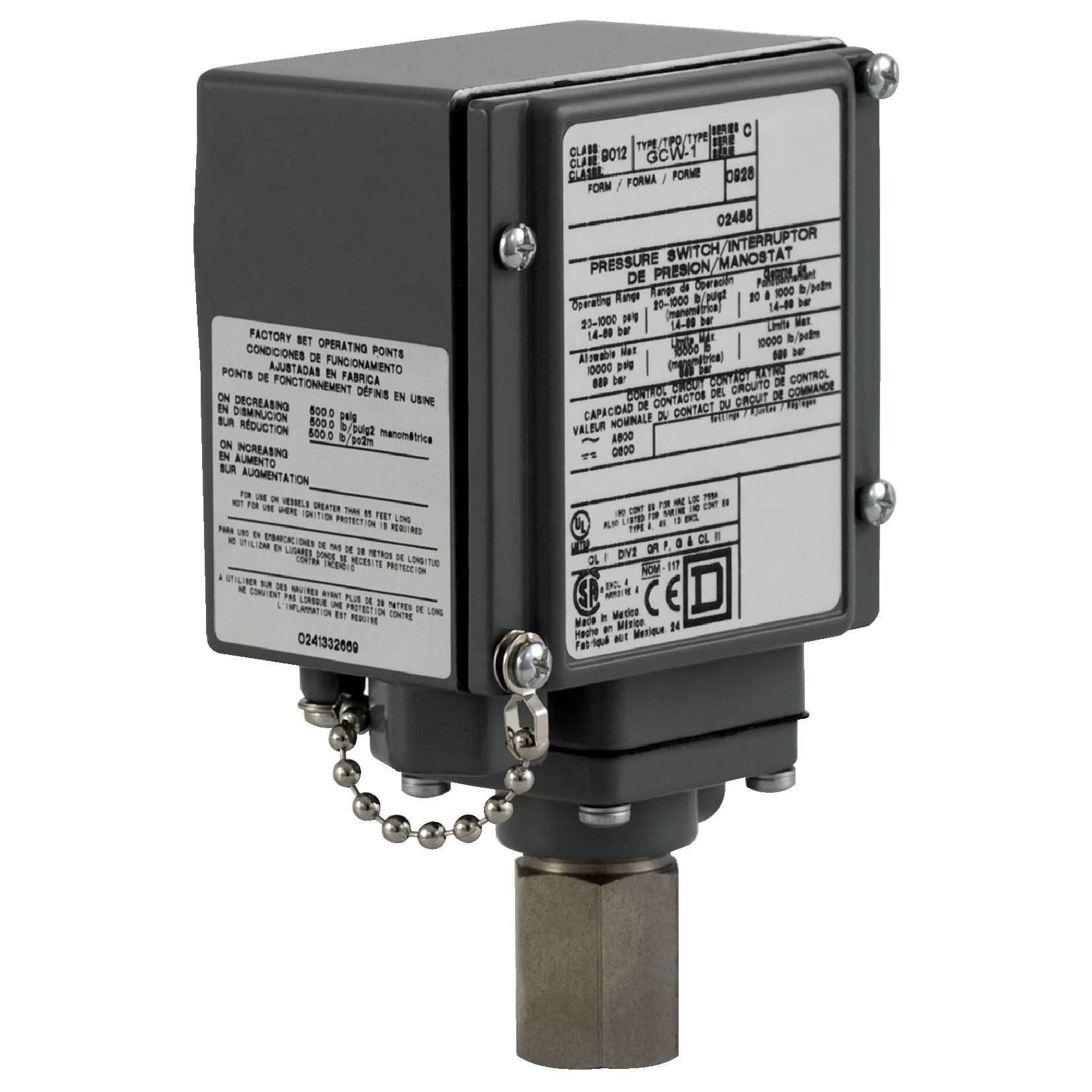 pressure switch 9012G - adjustable scale - 2 thresholds - 90 to 2900 psig