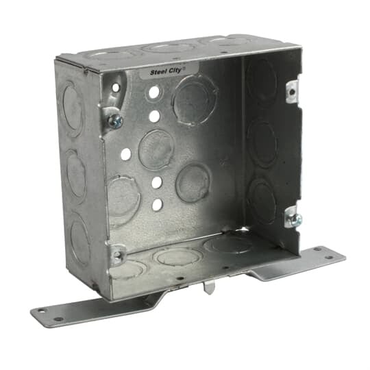 Square Box, 42 Cubic Inches, 4-11/16 Inches Square x 2-1/8 Inches Deep, 3/4 Inch, and 1 Inch Eccentric Knockouts, Pre-Galvanized Steel, Welded Construction, CV Bracket Mounted Flush, For use with Conduit