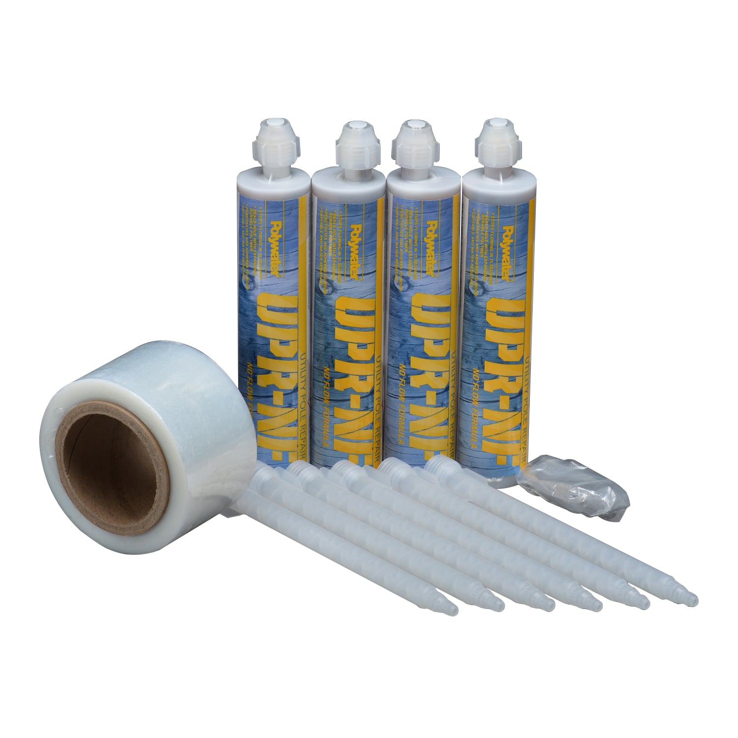 4 - 250-mL UPR No Flow Pole Repair cartridges; 6 - mixing nozzles; 1 - roll of stretch wrap; 1 - pair of gloves; 1 - instruction sheet. Extends Pole Life Polywater� UPR� Utility Pole Repair makes it easy to repair woodpecker damage and pole line hardware holes on utility poles. The UPR Utility Pole Repair resin and hardener are specially formulated to expand and fill irregular-shaped cavities to protect poles from rot.