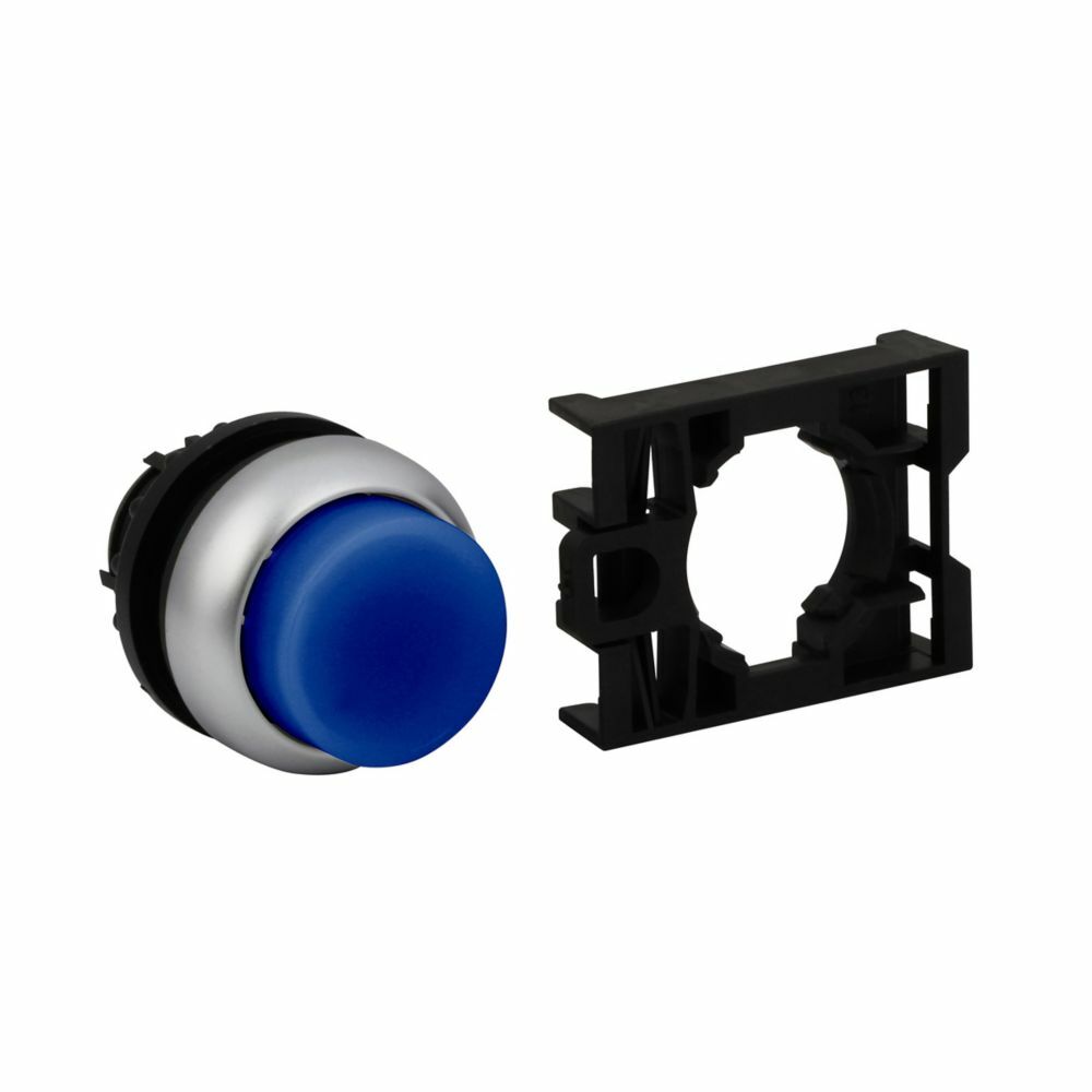 Eaton M22 modular pushbutton, 22.5 mm, Extended, Momentary, Illuminated, Bezel: Silver, Button: Blue, IP67, IP69K, NEMA 4x, 13, 5,000,000 Million mechanical operations