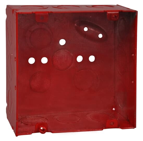 Square Box, 42 Cubic Inches, 4-11/16 Inches Square x 2-1/8 Inches Deep, 1/2 Inch and 3/4 Inch Eccentric Knockouts, Pre-Galvanized Steel, Welded Construction, Red, Suitable for use without a Bonding Jumper in Circuits Above or Below 250 Volts, For use with Conduit