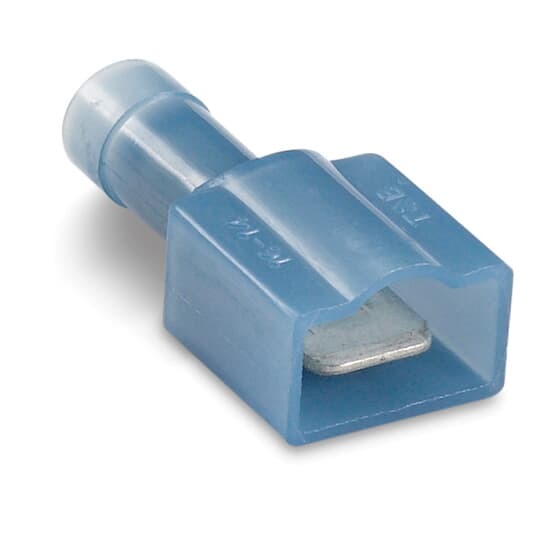 Nylon-Insulated Male Tab, Length 1.13 Inches, Width .45 Inches, Maximum Insulated .170, Tab Size .250x.032, Wire Range #16-#14 AWG, Color Blue, Copper, Tin Plated
