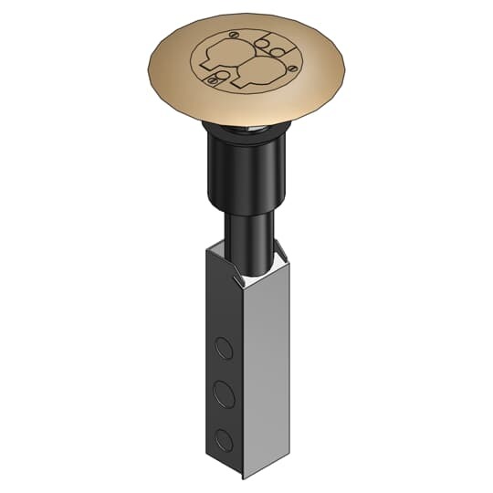 Poke-Through Flush Base Unit, 3 Inch Drill Size, 16 Inch Length, 1/2 Inch and 3/4 Inch Knockouts, Galvanized Steel, with Brass Moptite Cover with 7 Inch Diameter