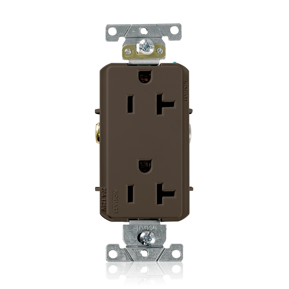 20 Amp, 125 Volt, NEMA 5-20R, 2P, 3W, Decora Plus Duplex Receptacle, Straight Blade, Commercial Grade, Self Grounding, , , Back & Side Wired, Steel Strap, - Brown