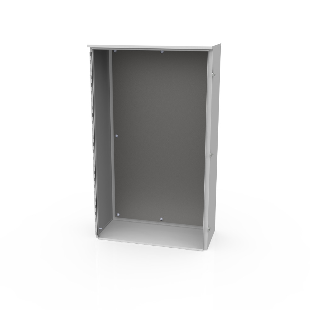 54x14x36 Hinge Cover Type 3R UL Listed Steel No Knockouts  ANSI 61 Gray Back Panel Installed Padlocking Draw Latch Back Stiffner Special Studs Mounting Emboss Holes in Back