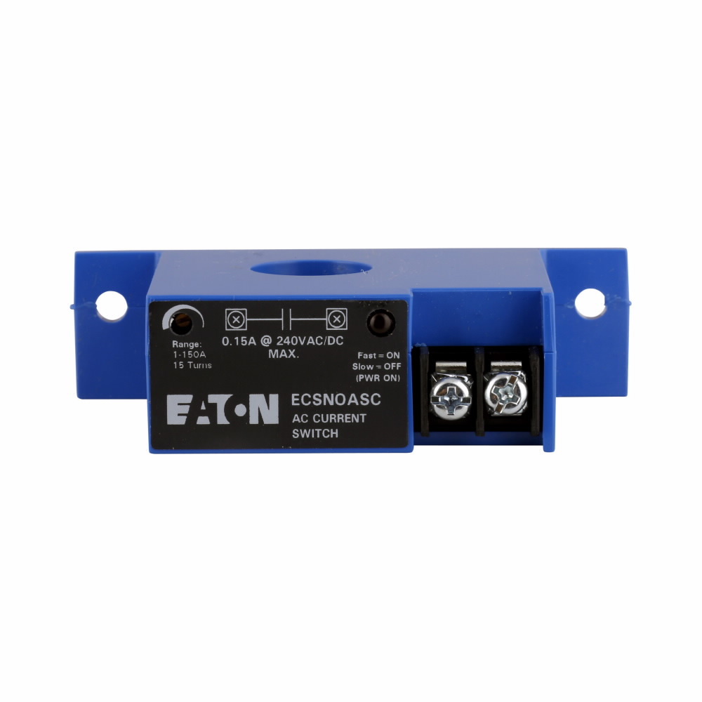 Eaton CurrentWatch ECS Top Terminal Current Switch, Adjustable 1-150A setpoint, LED indicator, Screw Terminals, 0.15A at 240 Vac/dc, Solid-Core housing, SSR, Self powered