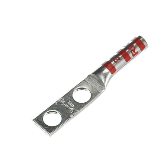 Copper Two-Hole Lug, Long Barrel, Blind End, Max 35kV, Wire Size #8 AWG, 1/4 Inch Bolt Size, 5/8 Inch Hole Spacing, Tin Plated, Die Code 21, Die Color Code Red