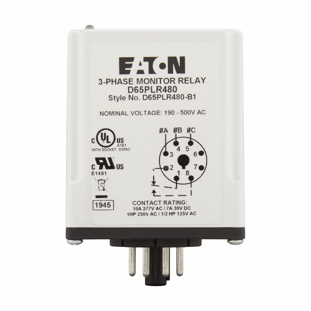 D65 Series Phase Loss Reversal Monitoring Relay, 240-480V voltage rating, Plug-in octal, DIN rail