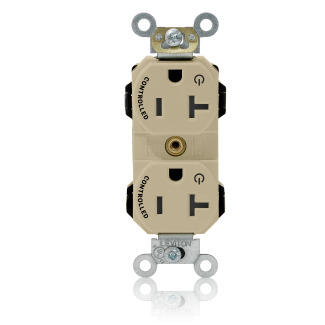 Modular Duplex Receptacle Narrow Body Design, Fed Spec Grade, 2-Pole 3-Wire, NEMA 5-20R, 20A-125V, Commercial Spec Grade, Ivory, 2 Plug Controlled Markings.