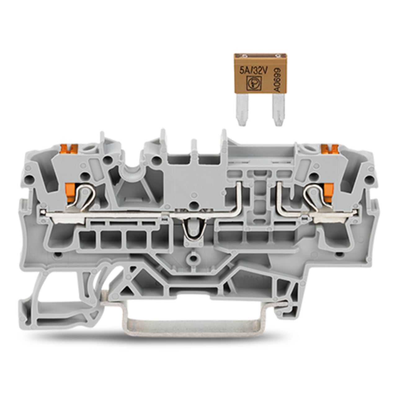 2-conductor fuse terminal block; for mini-automotive blade-style fuses; per DIN 7258-3f, ISO 8820-3; with test option; with push-button; without blown fuse indication; 2.5 mm; Push-in CAGE CLAMP; 2,50 mm; gray