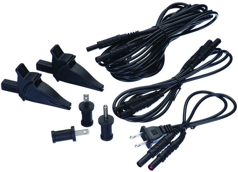 IDEAL, Tracer Test Lead Set, Includes: TLOP-956 Outlet Plug Adapter for Transmitter , TLBP-956 Blade Prongs for Lead Adapters (2/set), TLGP-956 Ground Prong for Lead Adapter, TLAC-956 Alligator Clips for Lead Adapters (2/set), TLA1-956 3 FT Lead Adapters for Transmitter (2/set), TLA2-956 25 FT Lead Adapter for Transmitter
