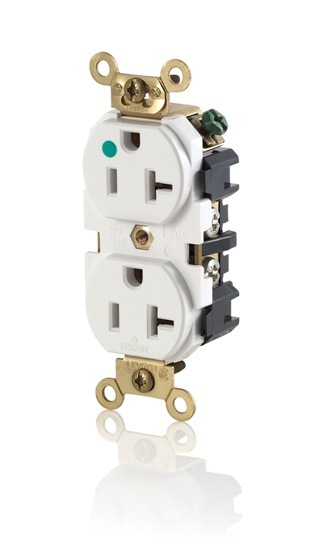 20-Amp, 125 Volt, Wide Body Duplex MRI Receptacle, Straight Blade, Hospital Grade, Self Grounding, White
