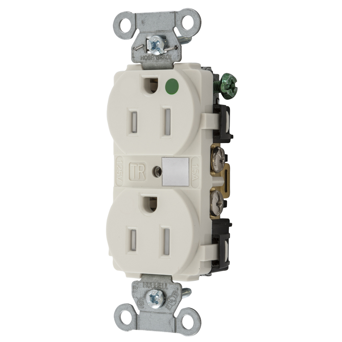 Straight Blade Devices, Tamper Resistant Duplex Receptacle, Hospital Grade, Hubbell-Pro, 2-Pole 3- WireGrounding, 15A 125V, 5-15R, Light Almond
