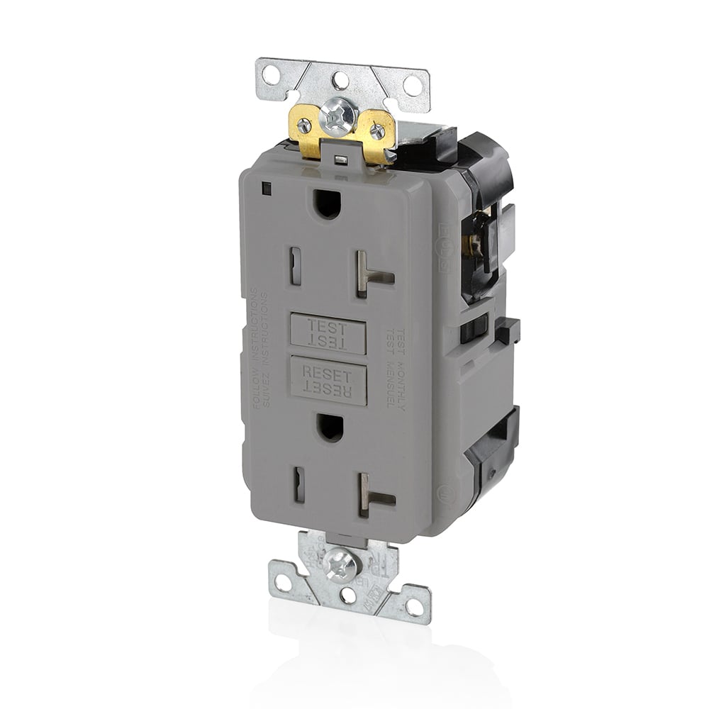 20 Amp, 125 Volt, SmartlockPro Slim Lev-Lok GFCI Self-Test Receptacle, Extra-Heavy Duty Industrial Grade, Tamper-Resistant, 20A Feed-Through,NEMA 5-20R, 2P, 3W, Modular Terminals  GRAY