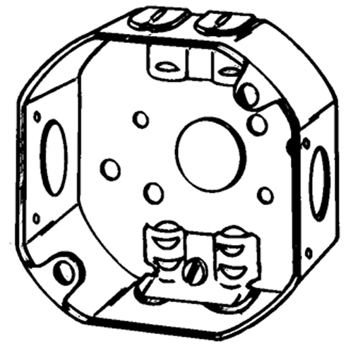 Octogon Box, Size: 4", 1-1/2" Deep, Material: Steel, Side Knockouts: 2@1/2", Bottom Knockouts, 1@1/2", End Knockouts: 4@ 21/32", Nonmetallic Sheathed CL 26 Cable Clamps, Standard:UL514A. 514B, UL LIsted E2527. Cubic Capacity:15.5CI