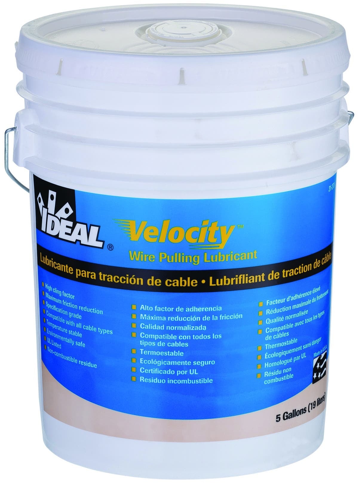 Velocity Lubricant, Size: 5 GAL, Container: Bucket, Specific Gravity: 0.98, Plastic Safe: Yes, Voc: 1.7 GPL (As Packaged, Minus Water), Working Temperature: 25 - 140 DEG F, Boiling Point: 212 DEG F (100 DEG C), Percent Volatile By Volume: Less Than 90 PCT, Percent Solid By Weight: Less Than 5 PCT, Ivory Translucent Gel, 6.5 - 8 pH, Solubility In Water: Moderate, Storage Temperature: 40 - 140 DEG F, Ul Listed, For Wire Pulling