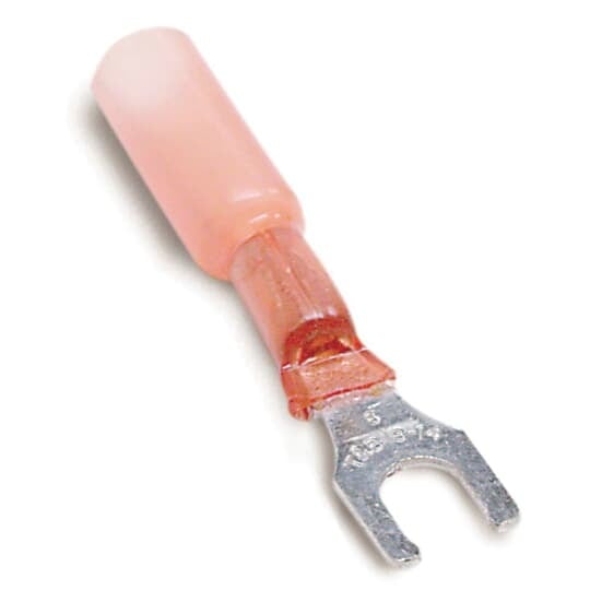 Heat Shrinkable Locking Fork Terminal, Length 1.350 Inches, Width .29 Inches, Maximum Insulation .170, Bolt Hole #8, Wire Range #22-#18 AWG, Color Red, Copper, Tin Plated