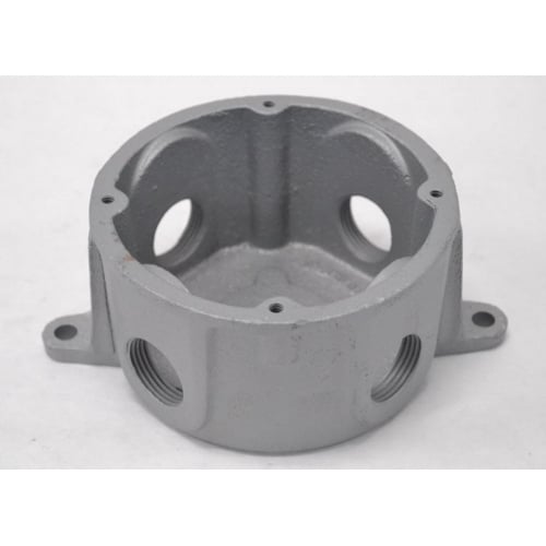 Round Base Conduit Outlet Box; 4.5 Inch Dia x 2.38 Inch Depth, Malleable Iron, Zinc Electro Plated, Dichromate, Epoxy Powder Coated