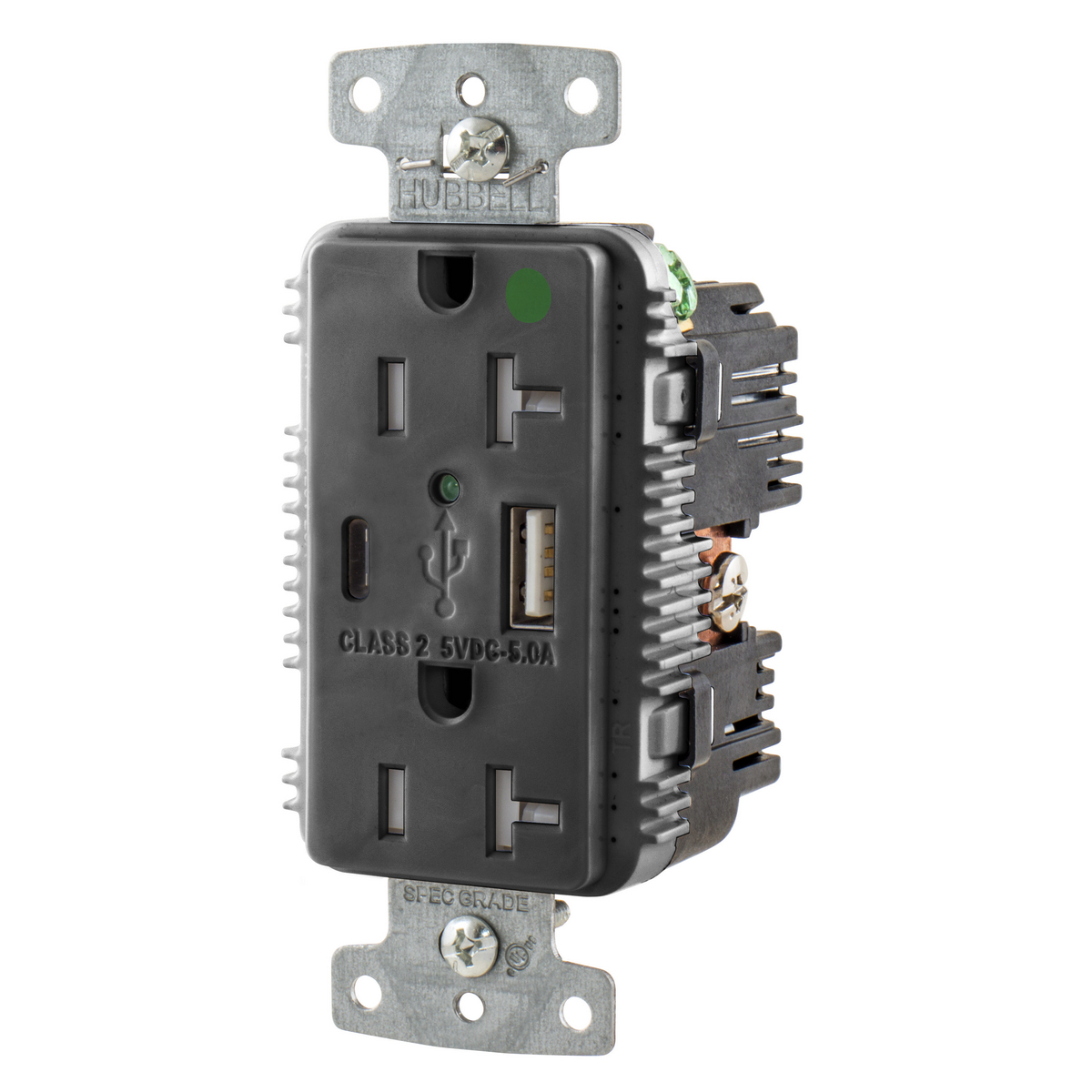 USB Charger Duplex Receptacle, HospitalGrade, 20A 125V, 2-Pole 3-Wire Grounding, 5-20R, 1) 5A "C" USB and "A"Ports, Black