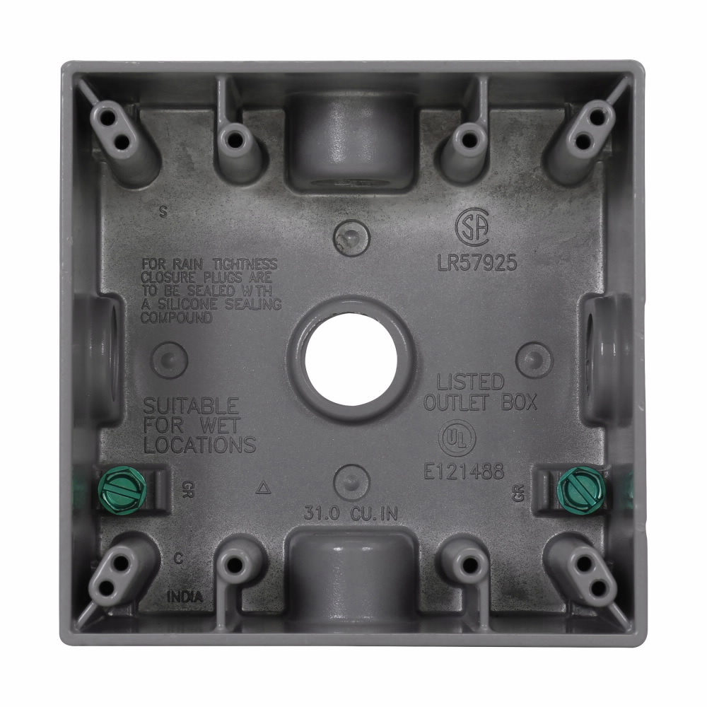 Eaton Crouse-Hinds series weatherproof outlet box, 30.5 cu in, Gray, 2" deep, Die cast aluminum, Two-gang, (5) 3/4" outlet holes, one hole around each of the four sides, one hole on the back