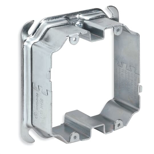 Two Gang Adjustable Mud Ring, Adjusts from 1/2 Inch to 1-1/2 Inch, Pre-Galvanized Steel, For use with 4 Inch Square Boxes, custom package
