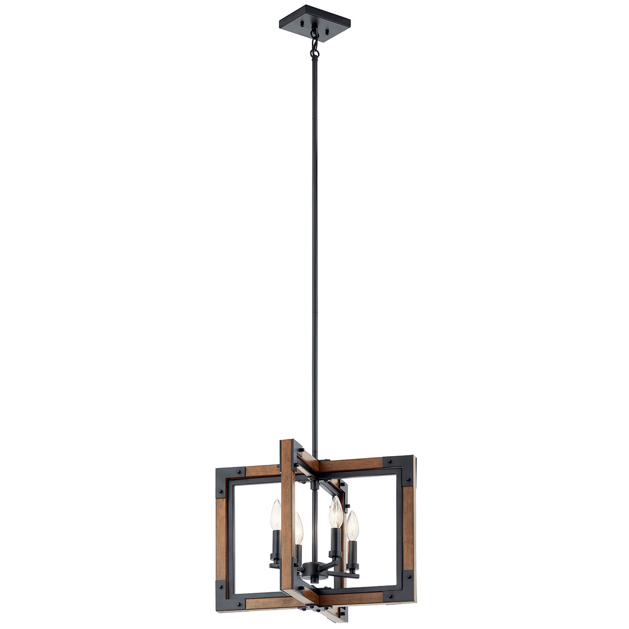 The Marimount(TM) 14in; 4 light convertible chandelier/semi flush features wood style detail in a Auburn Stained finish and clear glass. A perfect addition in several aesthetic outdoor environments, including traditional and rustic.