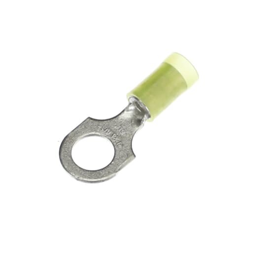 Nylon Insulated Ring Terminal, Length 1.21 Inches, Width .53 Inches, Maximum Insulation .210, Bolt Hole 5/16 Inch, Wire Range #12-#10 AWG, Color Yellow, Copper, Tin Plated