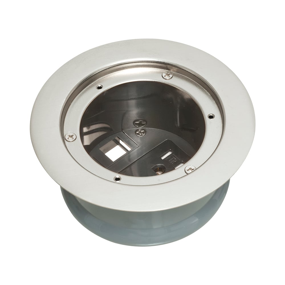 InBox cover kit. Recessed receptacle and low voltage keystone for new concrete. Installs in Arlington's FLBC4500 and FLBC4502 box. Metallic nickel-plated brass cover.